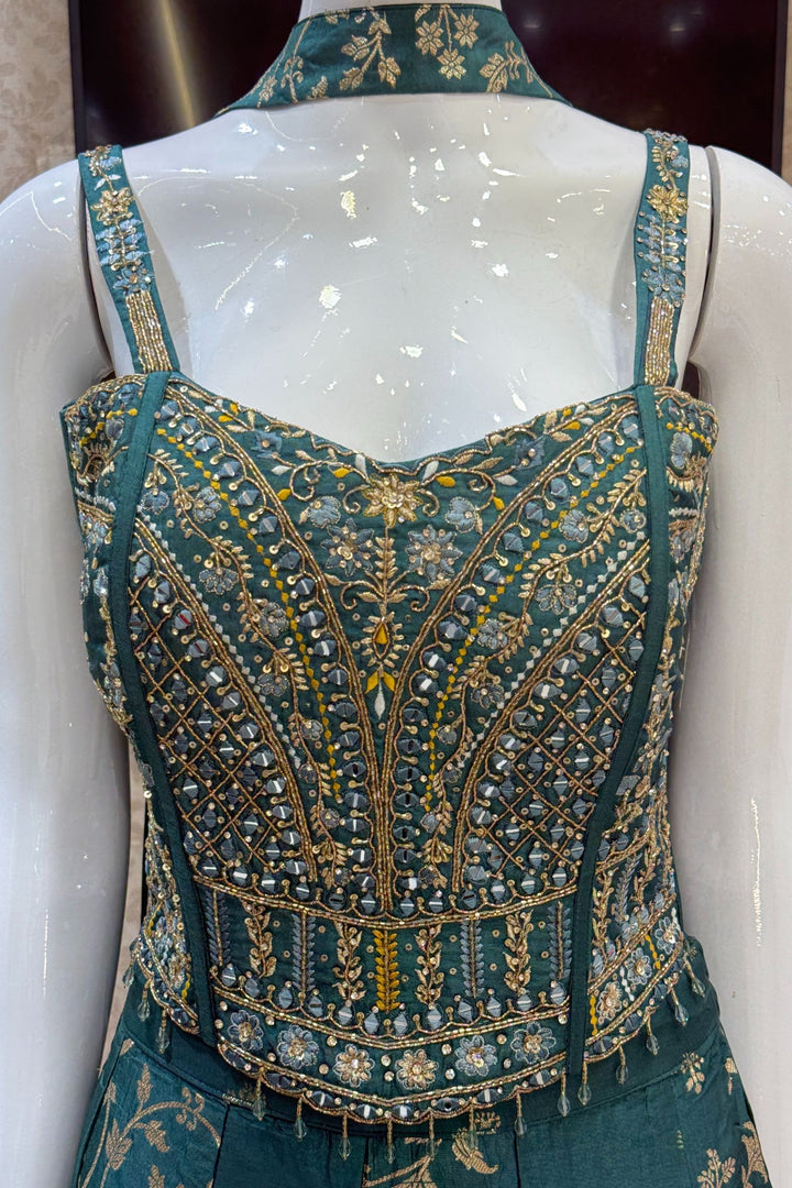 Green Zardozi, Mirror, Beads, Sequins, Thread, Zari and Stone work Palazzo Suit Set