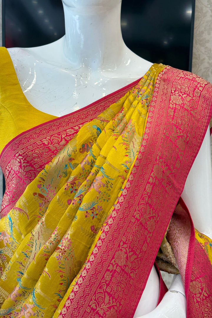 Yellow Saree Featuring Heritage Wildlife and Floral Banaras