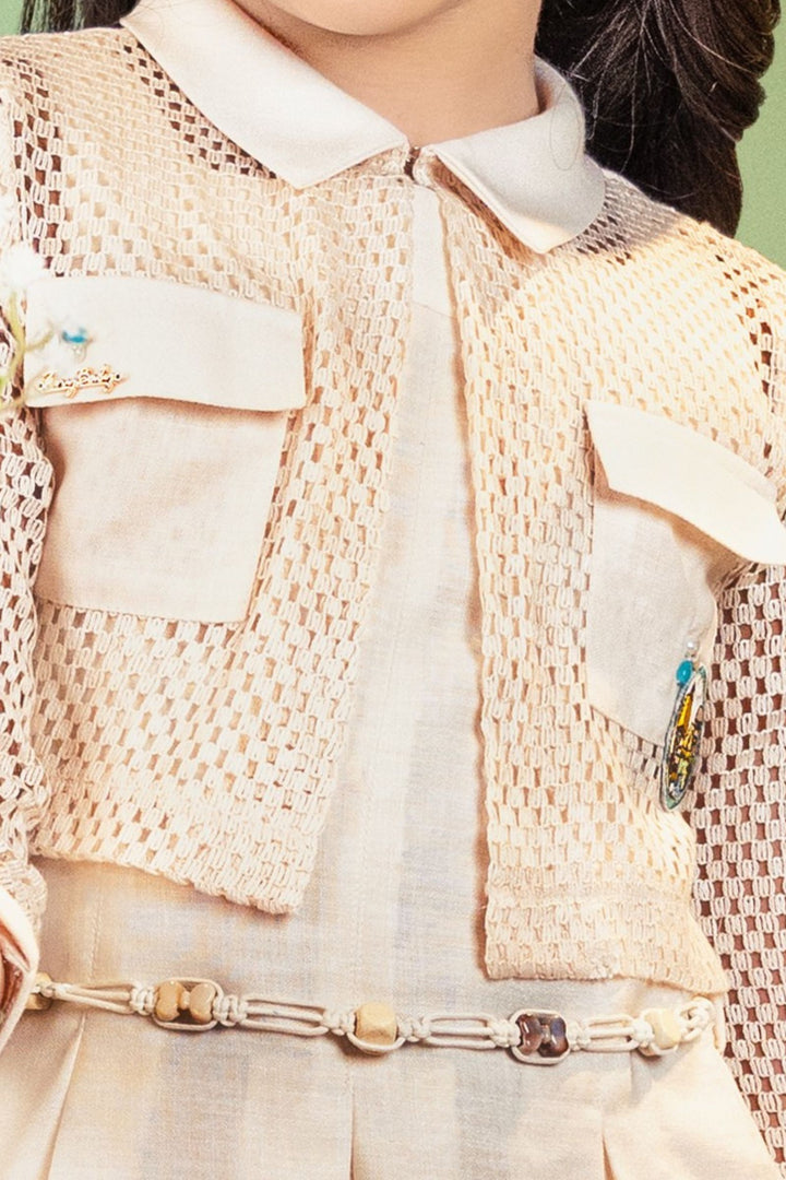 Cream with Digital Print Jacket Styled Short Casual Frock For Girls