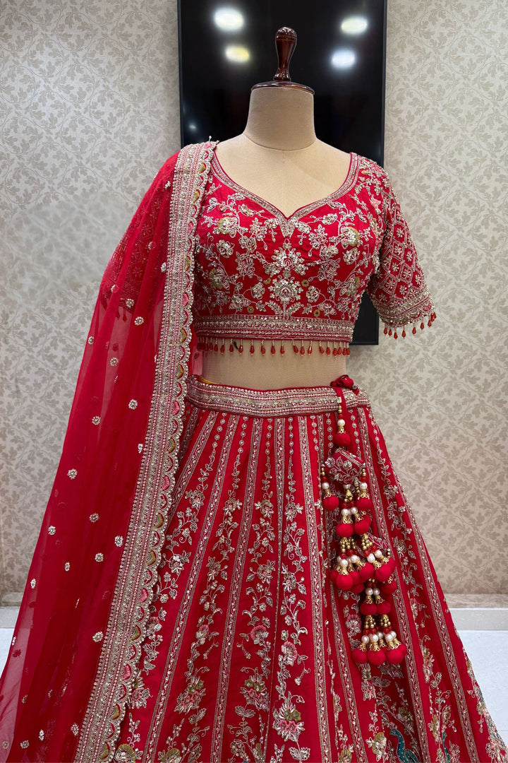 Red Handcrafted Bridal Lehenga with Intricate Zardozi, Sequins, Pearl and Zari Detailing