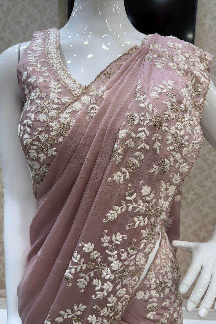 Onion Pink Embroidery, Zari and Sequins work Saree