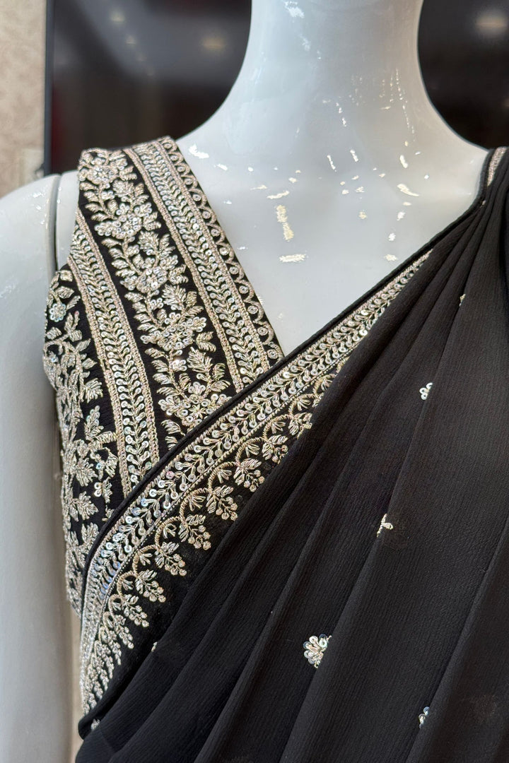 Black Pink Zari and Sequins work Saree