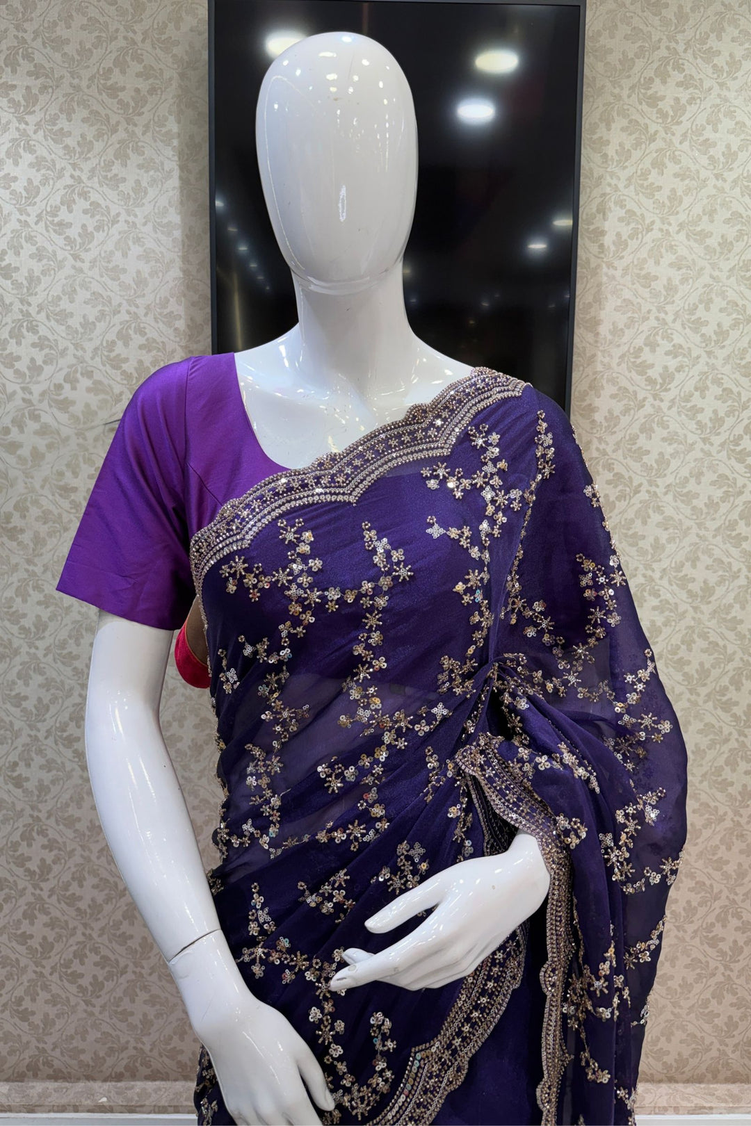Purple Saree with Intricate Zari, Sequin and Beads work