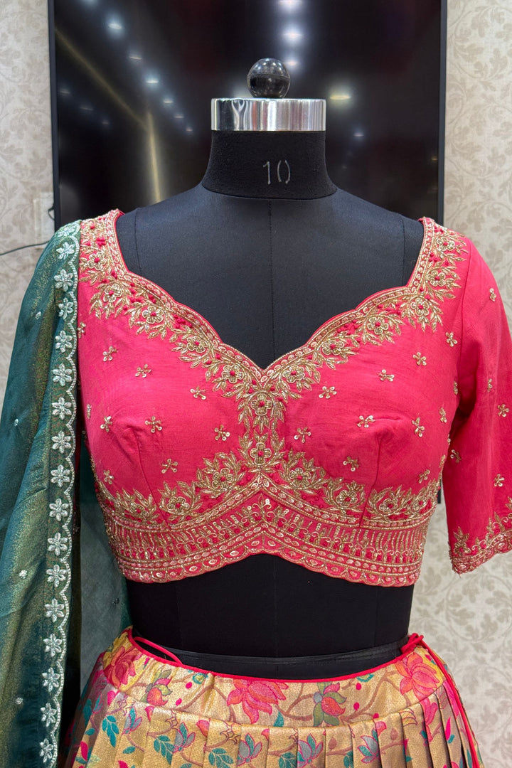 Designer Floral Banarasi Lehenga Set in Pink and Gold