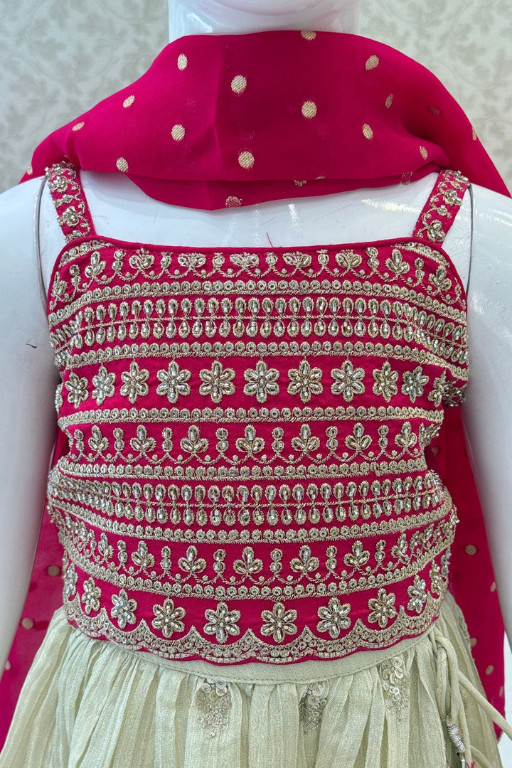 Rani Pink with Cream Sequins, Beads and Zari work Lehenga Choli for Girls