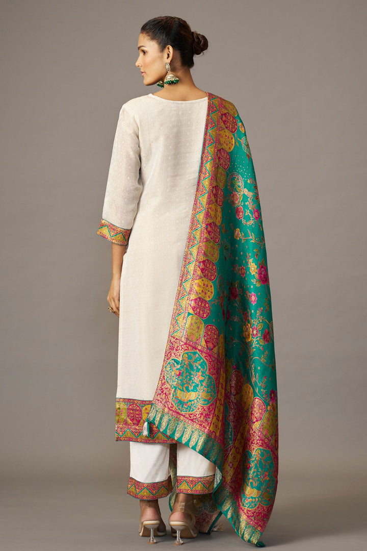 Half White Multicolor Banaras, Sequins and Beads work Straight Cut Salwar Suit