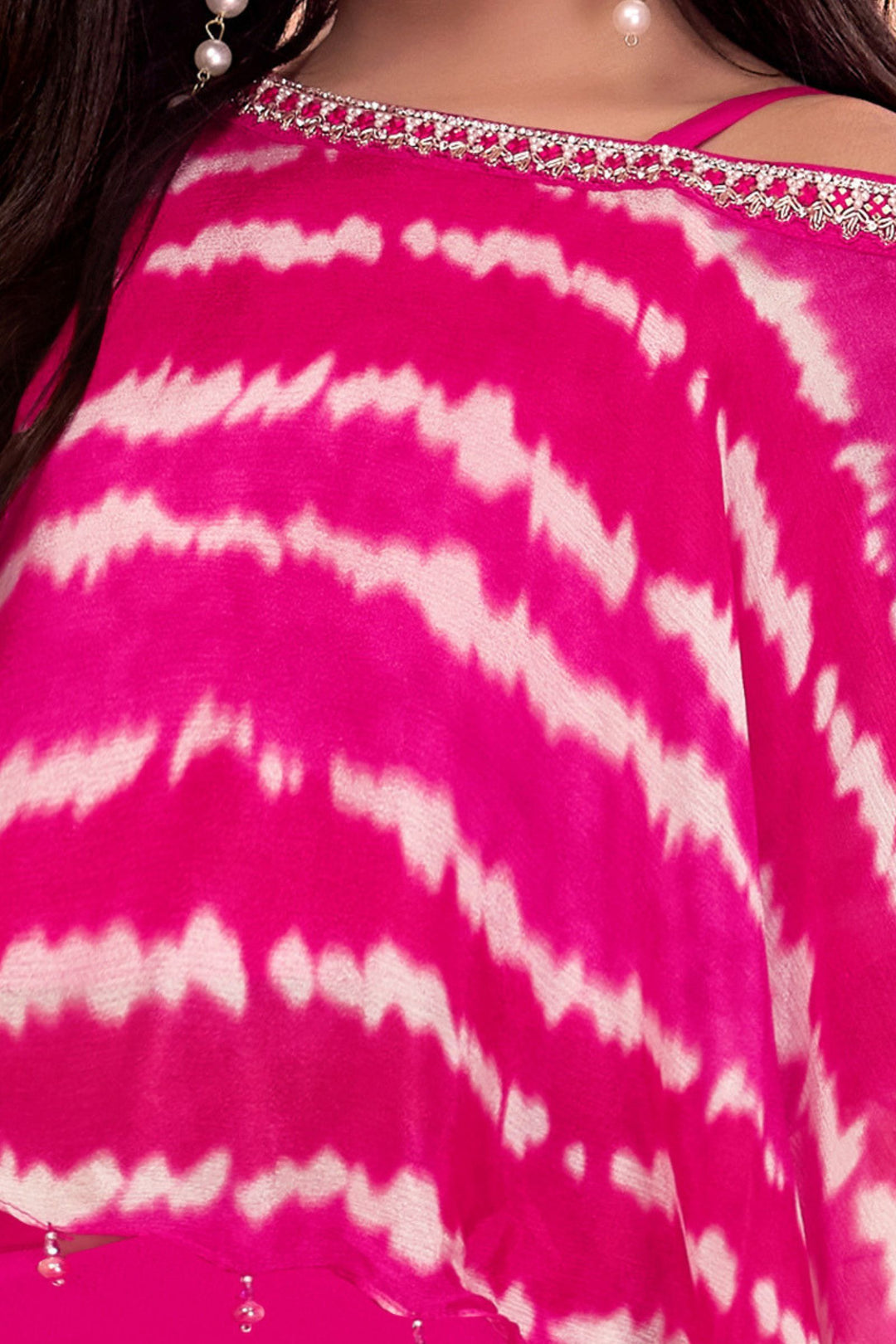 Pink Stone, Mirror and Zardozi work Poncho Styled Palazzo Set for Girls