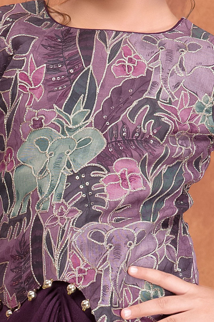Purple Sequins, Zari and Beads work with Digital Print Top with Cowl Skirt for Girls