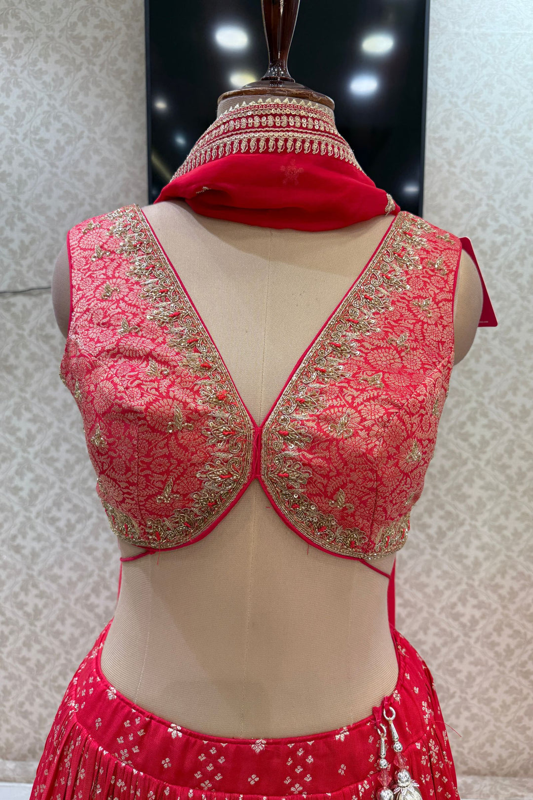 Red Brocade, Beads, Zari, Zardozi and Sequins work Crop Top Lehenga