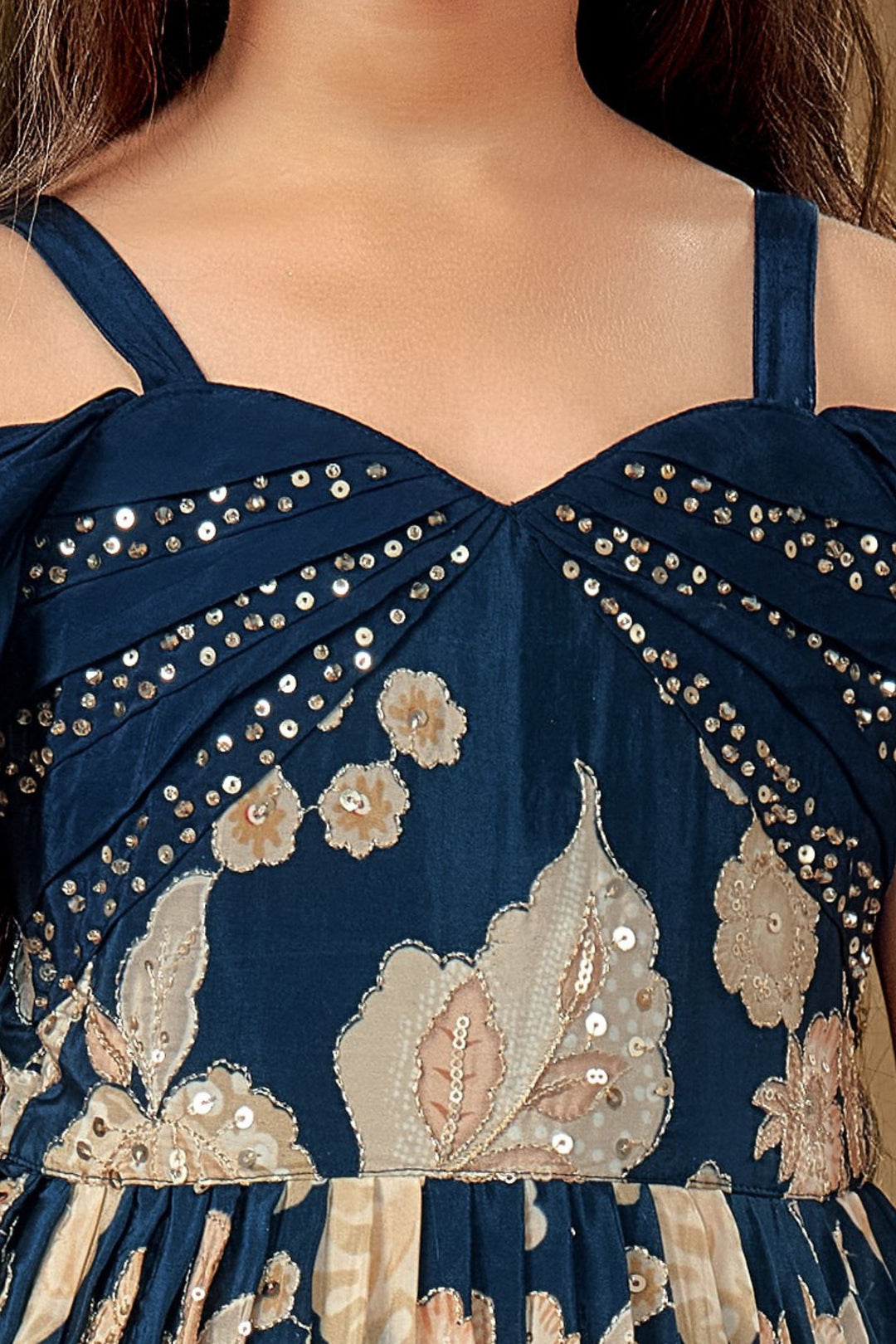 Navy Blue Sequins and Zari work with Floral Print Long Party Gown for Girls