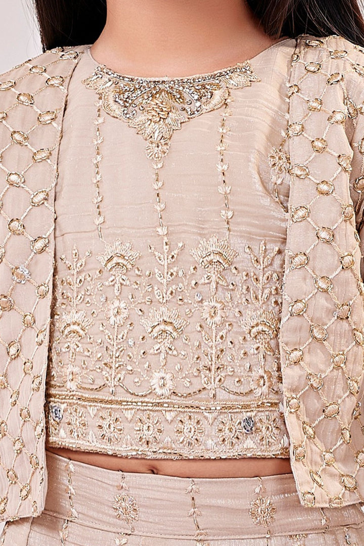 Beige Thread, Stone and Zardozi work Jacket Styled Palazzo Set For Girls