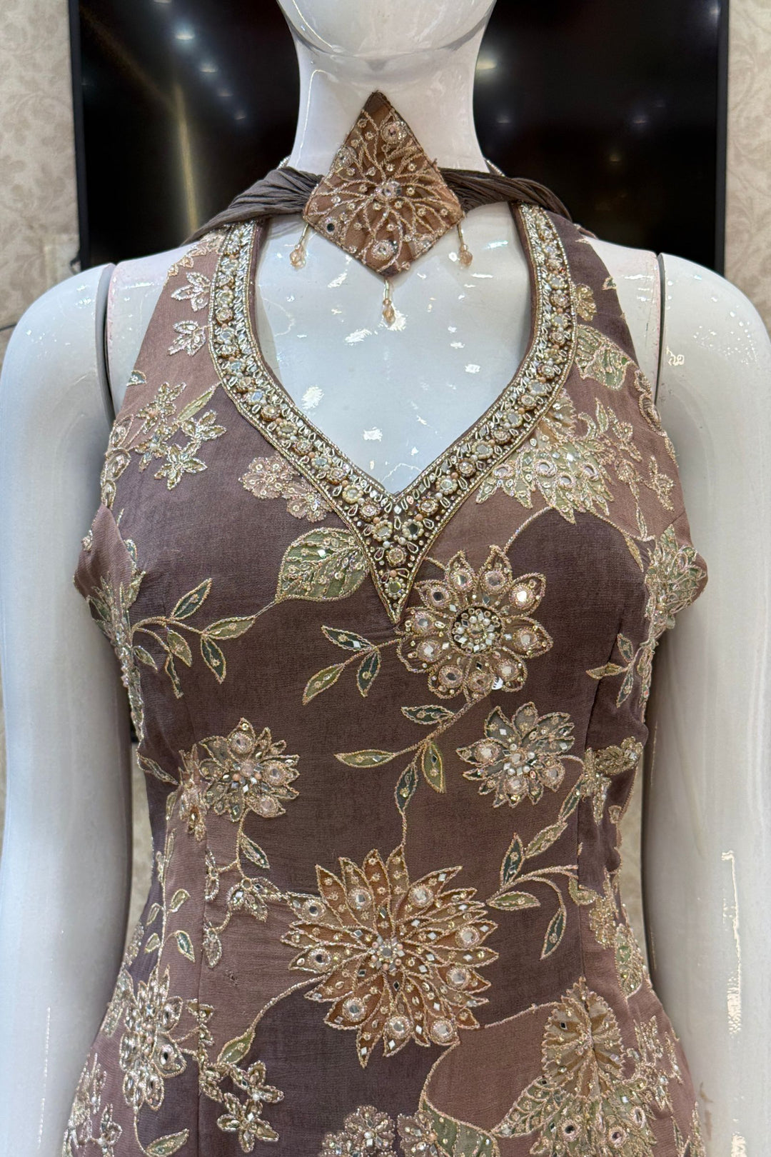 Brown Zari, Beads, Mirror and Zardozi work Palazzo Salwar Suit
