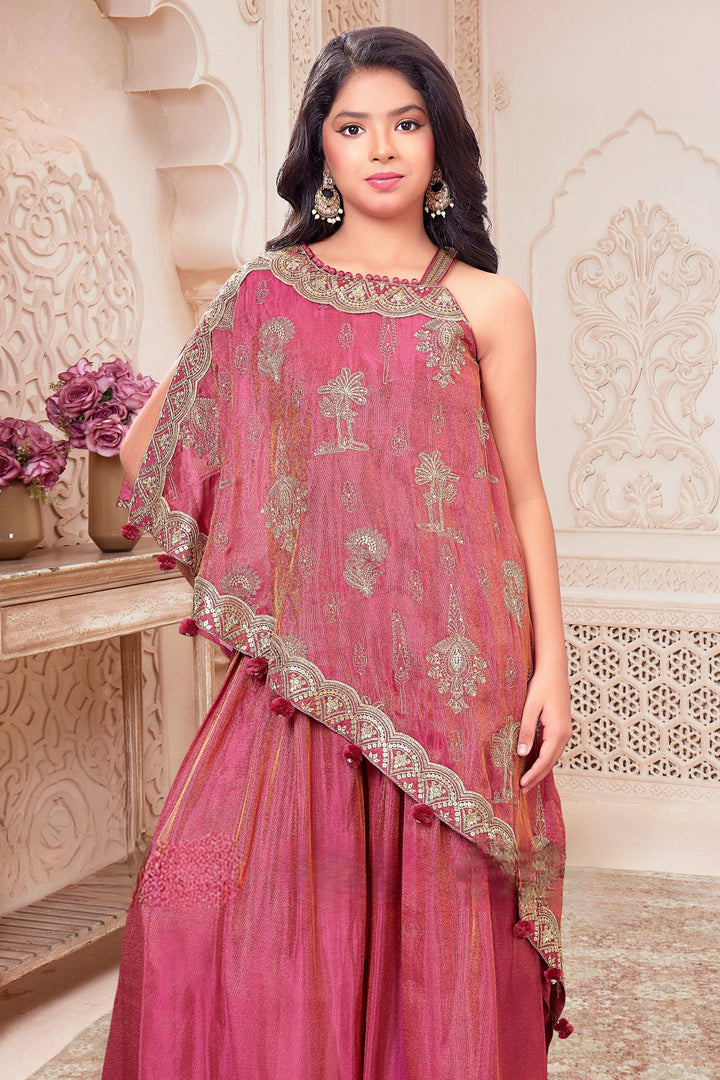 Rose Pink Sequins and Zari work Poncho Palazzo Set for Girls