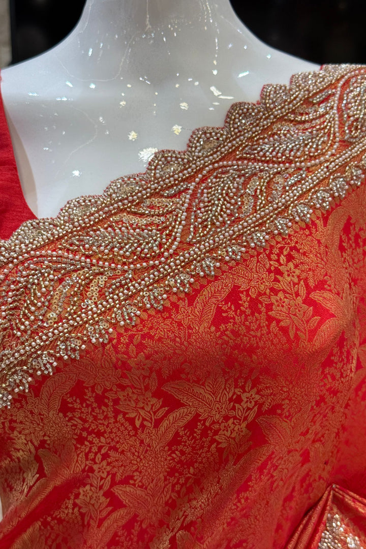 Crimson Red Banaras Silk Saree Featuring Intricate Beads, Sequins and Zari Cutwork Border