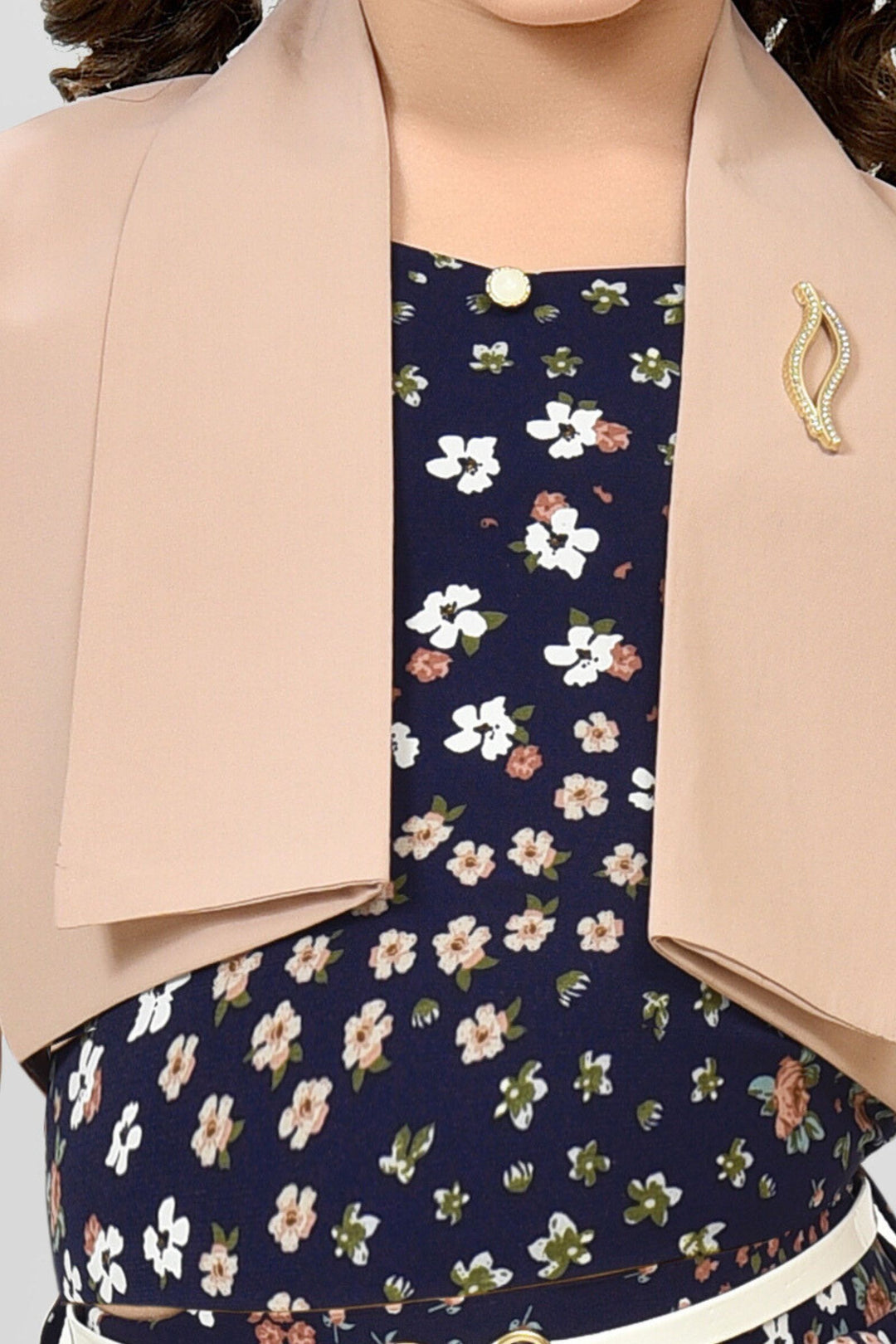 Navy Blue with Peach Floral Print Overcoat Styled Top with Palazzo Set for Girls with Belt