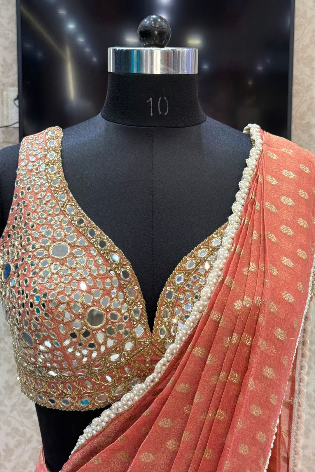 Rust Orange Readymade Banaras work Saree with Mirror work Readymade Blouse