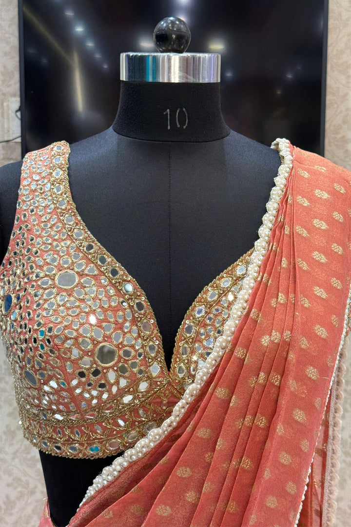 Rust Orange Readymade Banaras work Saree with Mirror work Readymade Blouse