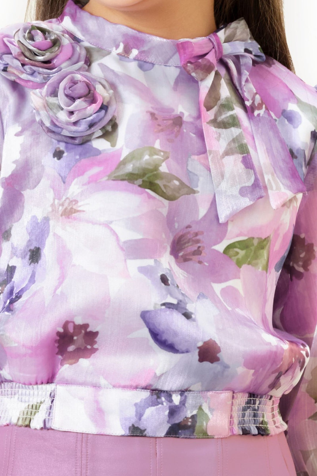 Onion Pink with Multicolor Digital Print Top and Divider Skirt for Girls