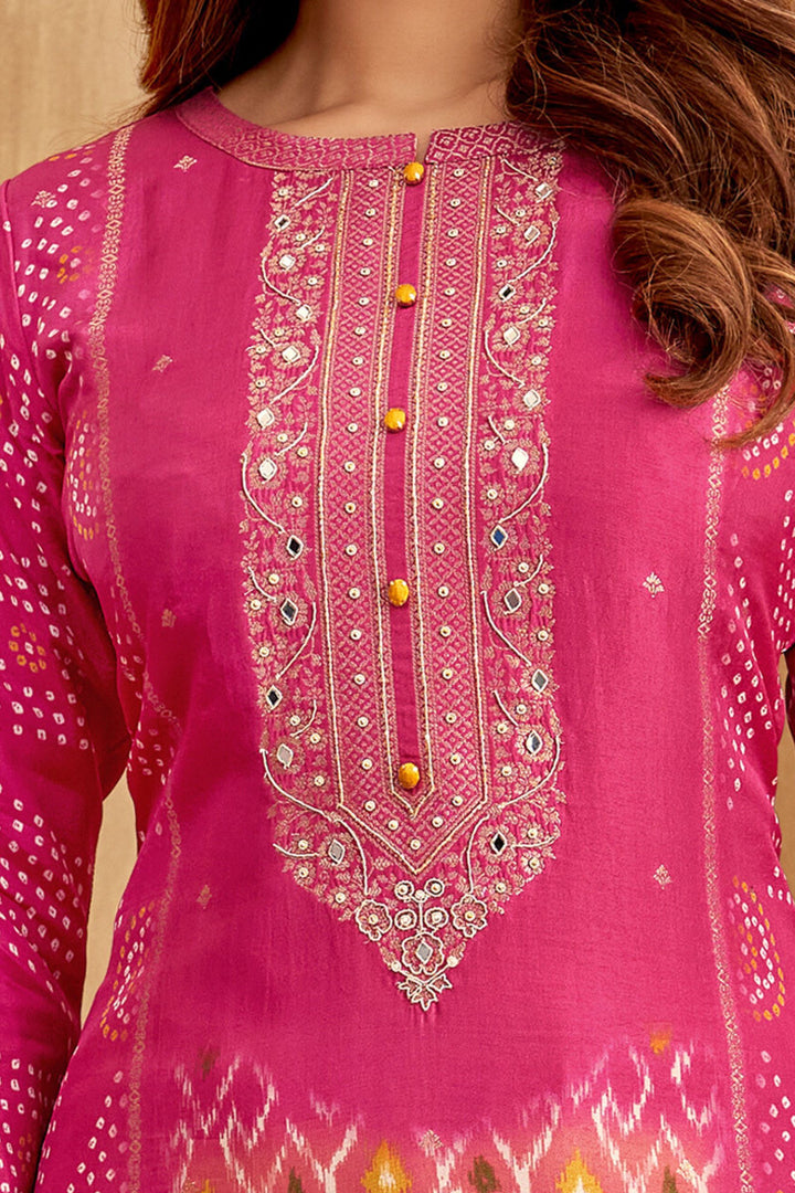 Rani Pink Banaras, Mirror and Zardozi work with Bandini Print Straight Cut Salwar Suit