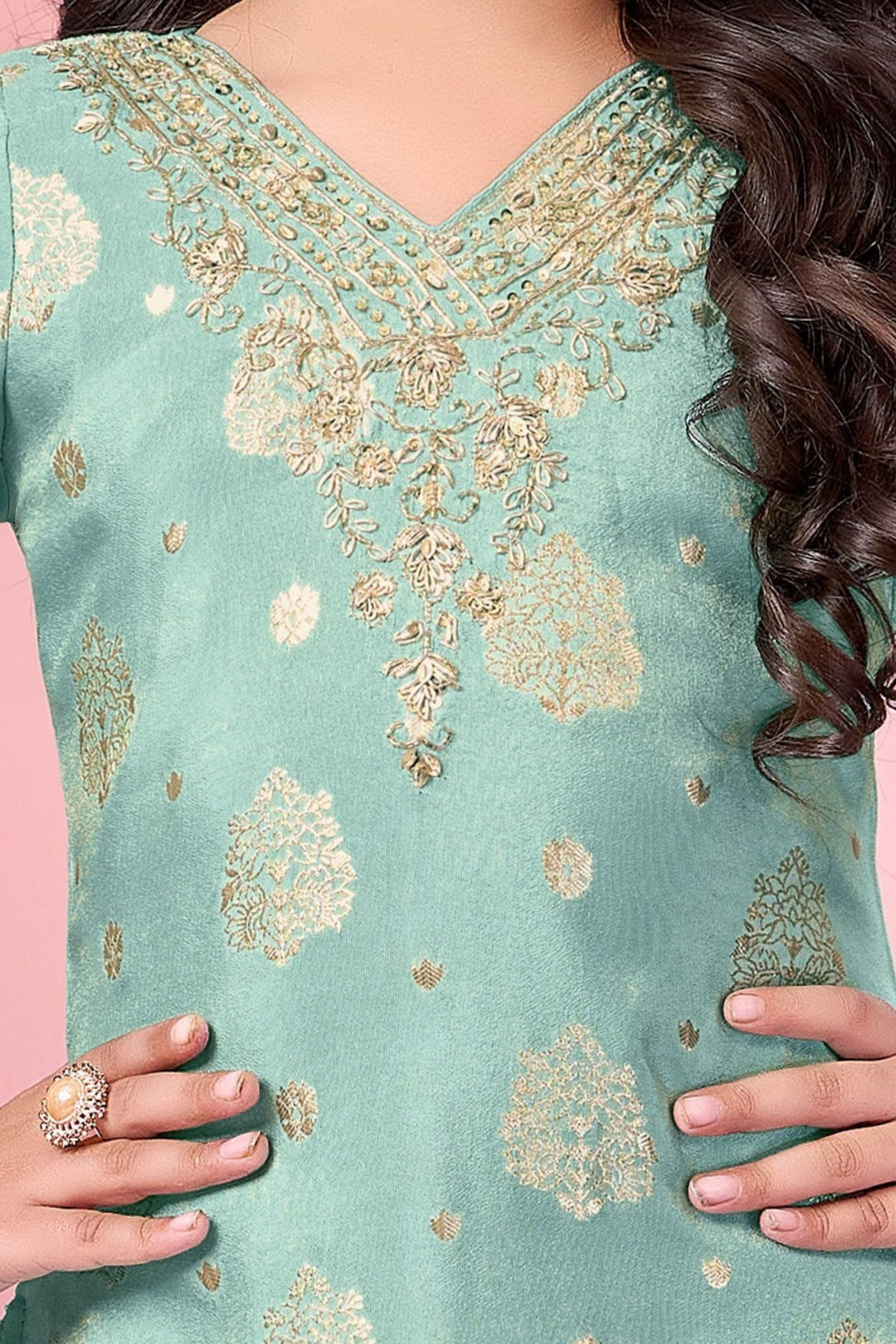 Sea Blue  Brocade, Zardozi, Beads and Sequins work Sharara Suit Set for Girls