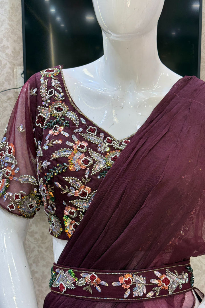 Wine Readymade Saree with Beads, Thread and Stone work Readymade Blouse