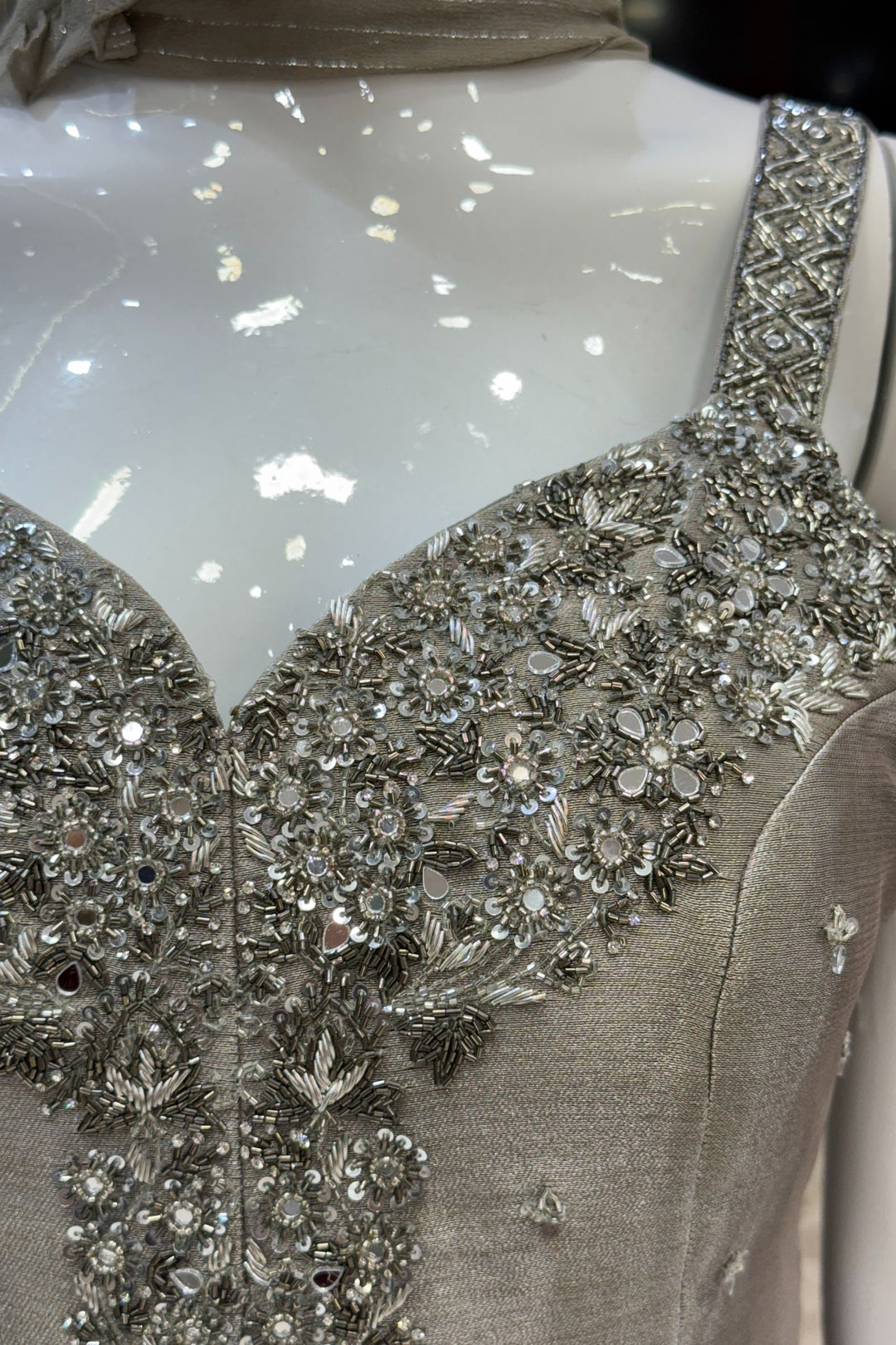 Grey Beads, Zardozi, Stone and Mirror work Palazzo Salwar Suit