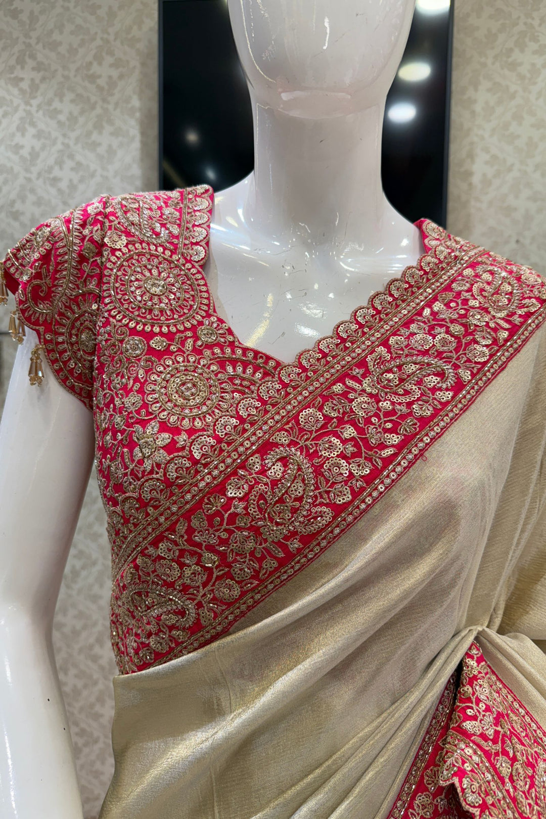 Chiku with Pink Saree with Sequins, Beads and Thread Embellishments