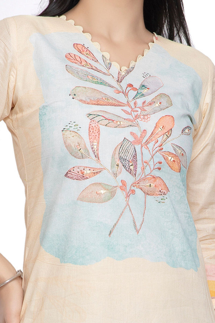 Light Yellow Thread work with Printed Calf Length Kurti