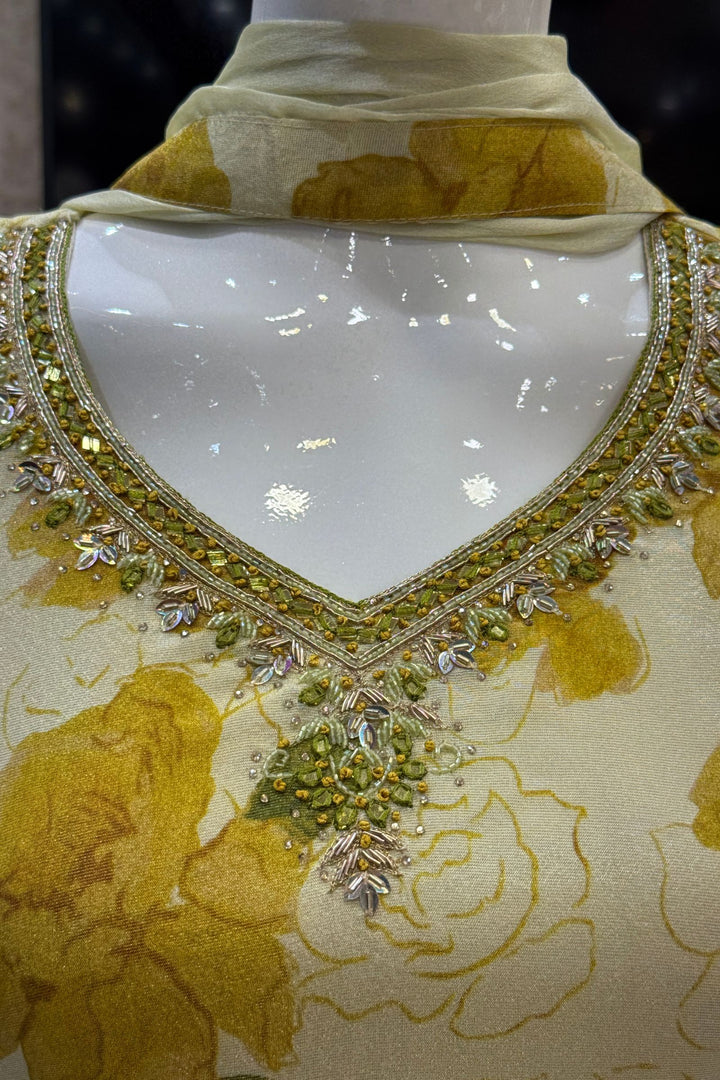 Beige with Yellow Floral Print with Zardozi and Mirror work Straight Cut Salwar Suit
