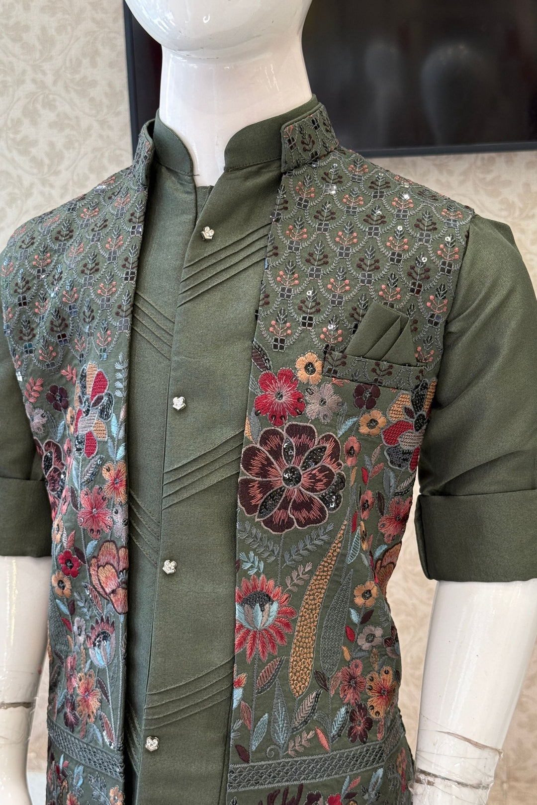 Green Multicolor Thread and Sequins work Waist Coat Kurta Set for Boys