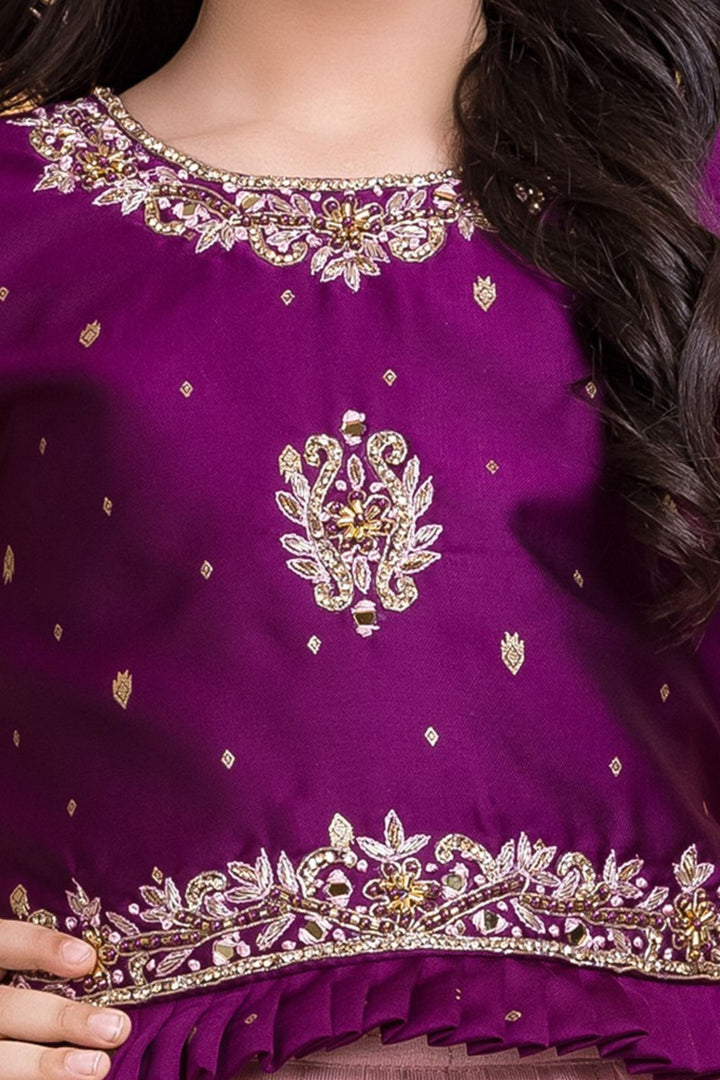 Wine with Light Pink Zardozi, Stone, Beads and Banaras Zari work Lehenga Choli for Girls