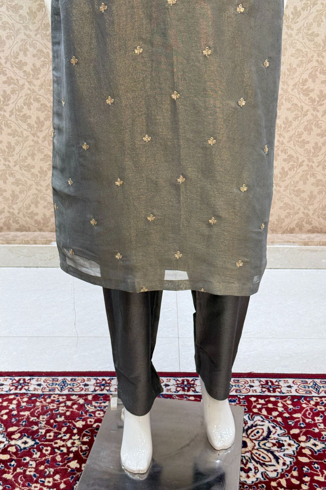 Grey Sequins, Zari and Banaras work Straight Cut Salwar Suit