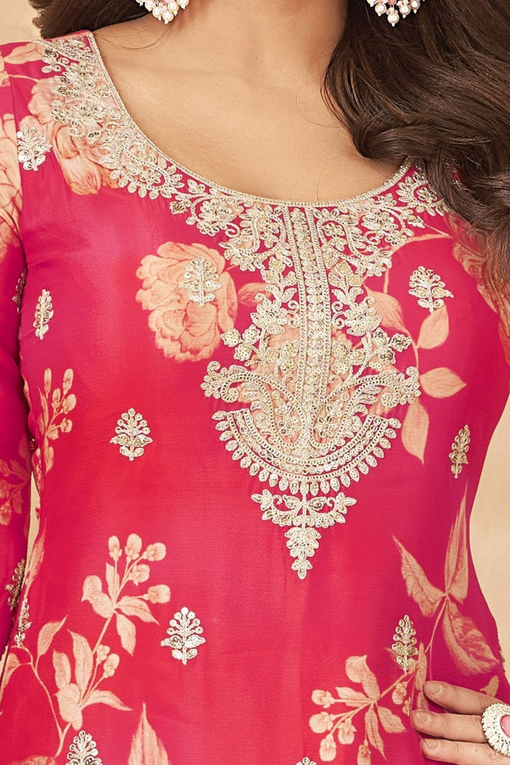 Pink with Orange Sequins and Zari work with Floral Print Sharara Salwar Suit