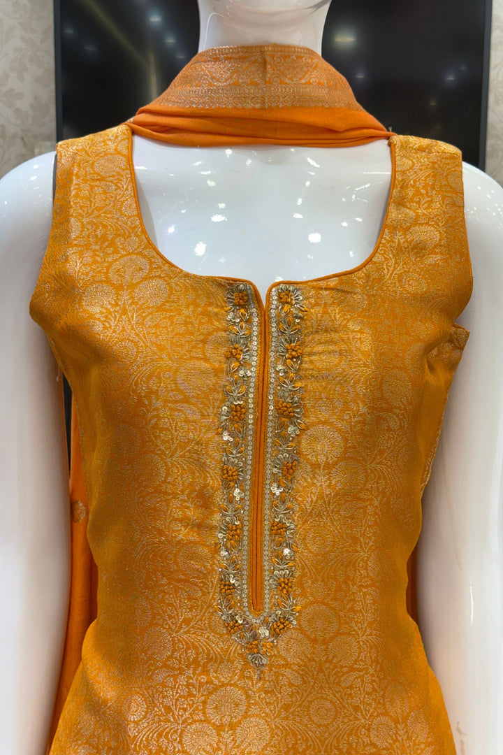 Orange Brocade, Zardozi, Sequins, Stone and Thread work Straight Cut Salwar Suit