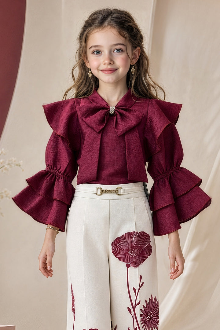 Magenta with Cream Top and Floral Print Palazzo Set for Girls