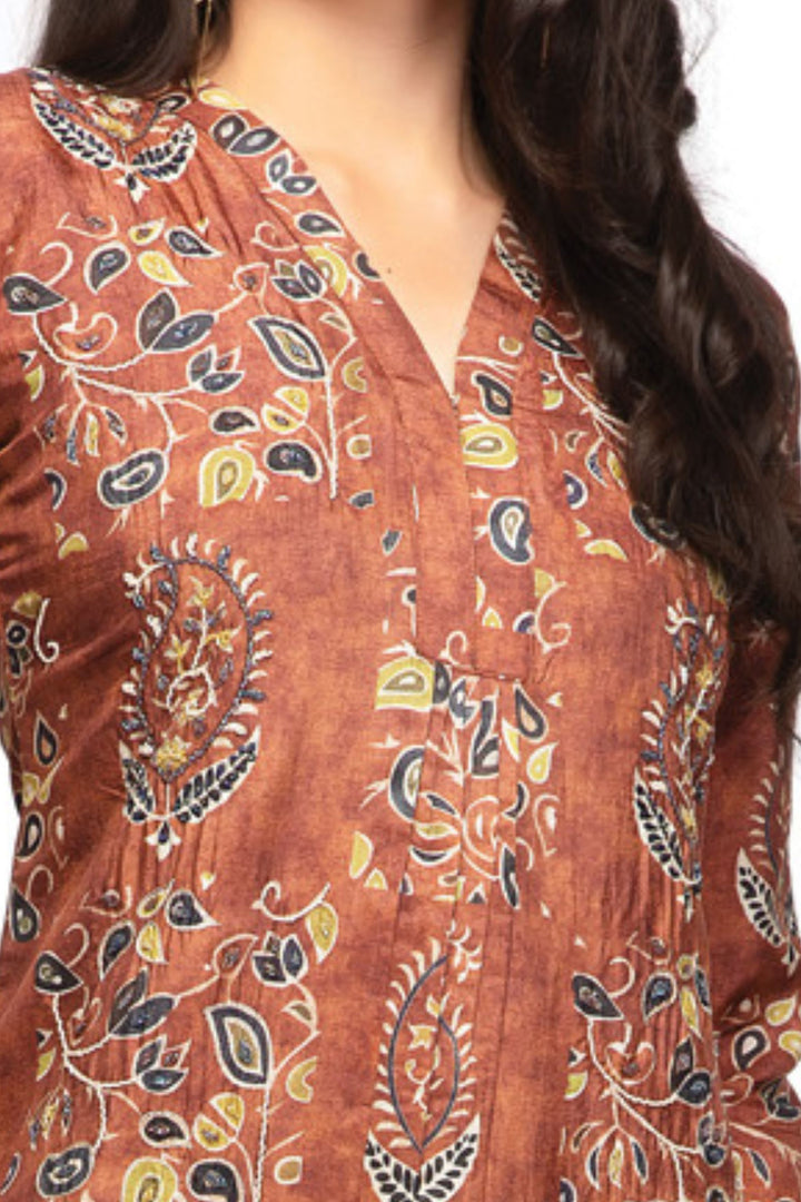 Rust Beads and Zari work with Digital Print Calf Length Kurti