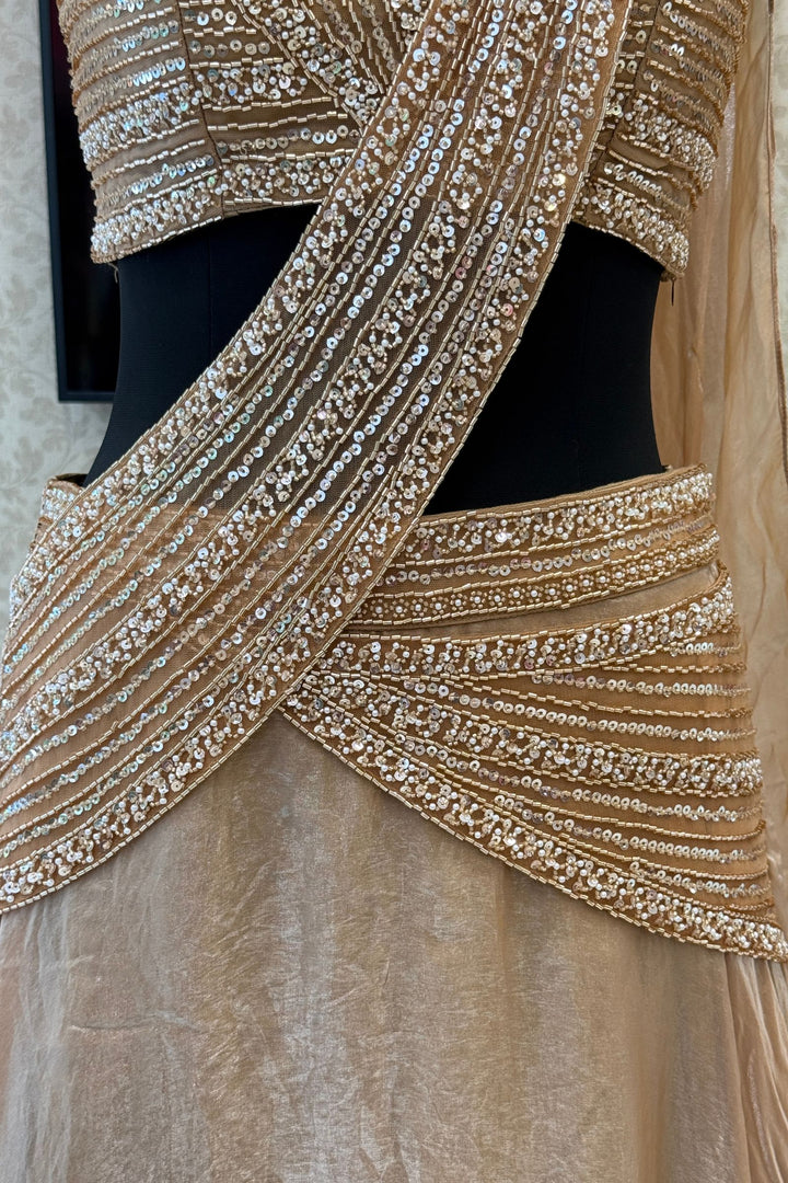 Champagne Gold Beads and Sequins work Draped Half Saree Lehenga Set