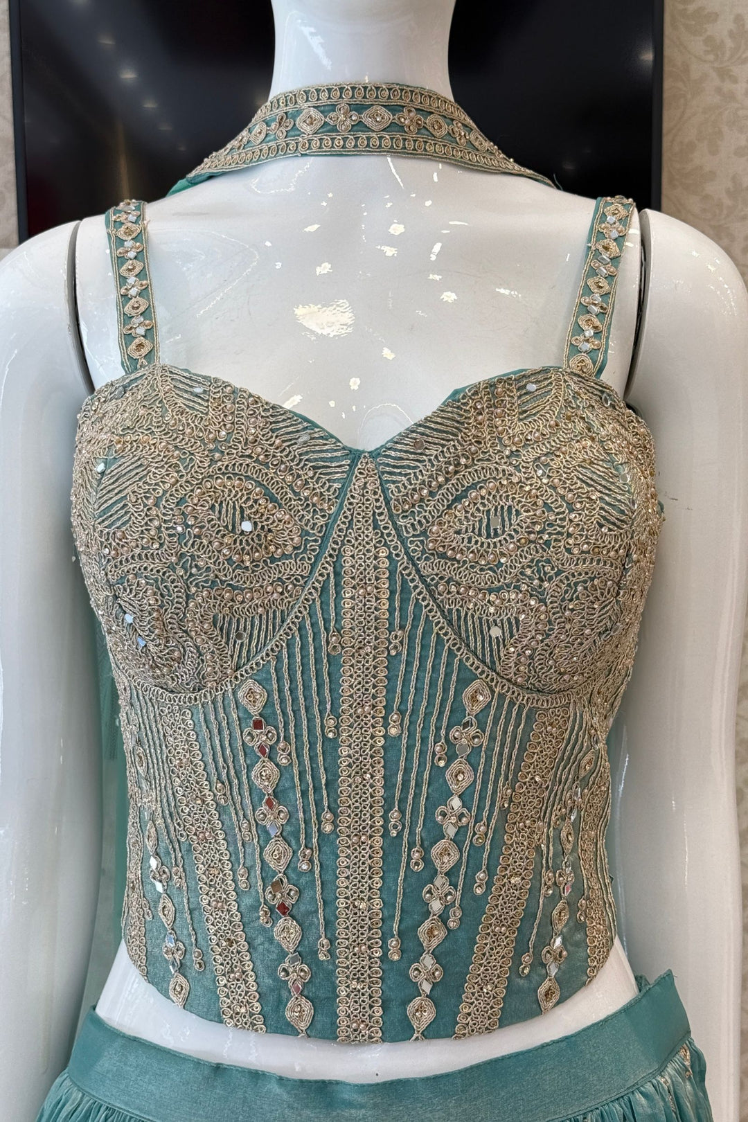 Sea Blue Zari Thread, Mirror and Stone work Palazzo Set with Corset Top