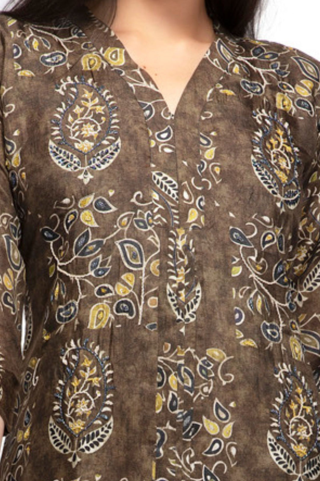 Brown Beads and Zari work with Digital Print Calf Length Kurti