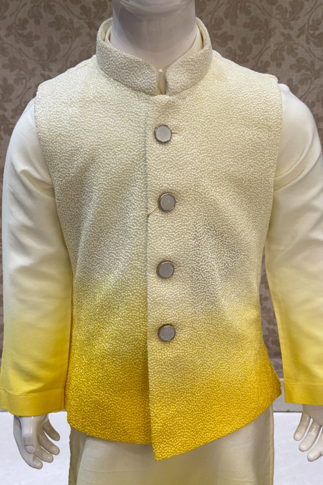 Lemon Yellow Shaded Thread and Sequins work Waist Coat Kurta Set for Boys