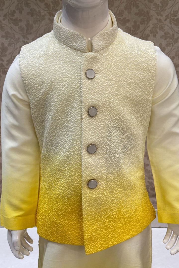 Lemon Yellow Shaded Thread and Sequins work Waist Coat Kurta Set for Boys