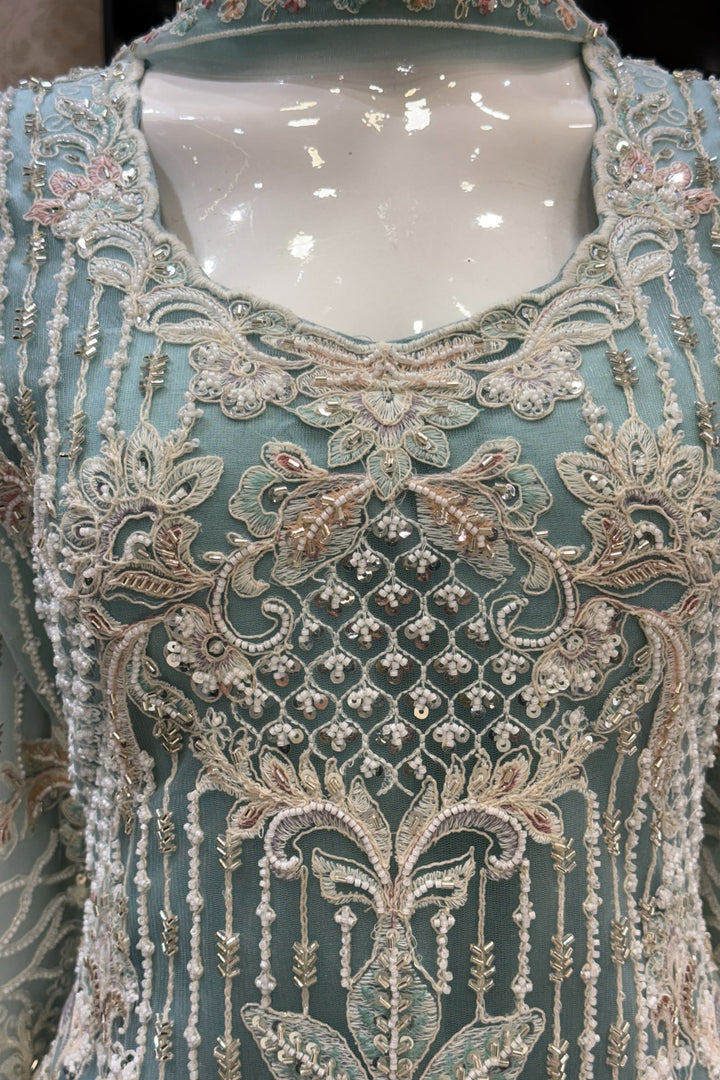 Sea Green Beads, Multicolor Embroidery and Sequins work Palazzo Suit Set