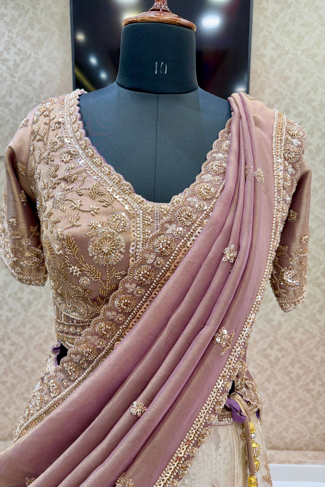 Cream with Lavender Sequins, Pearl, Beads and Zardozi work Crop Top Designer Bridal Lehenga