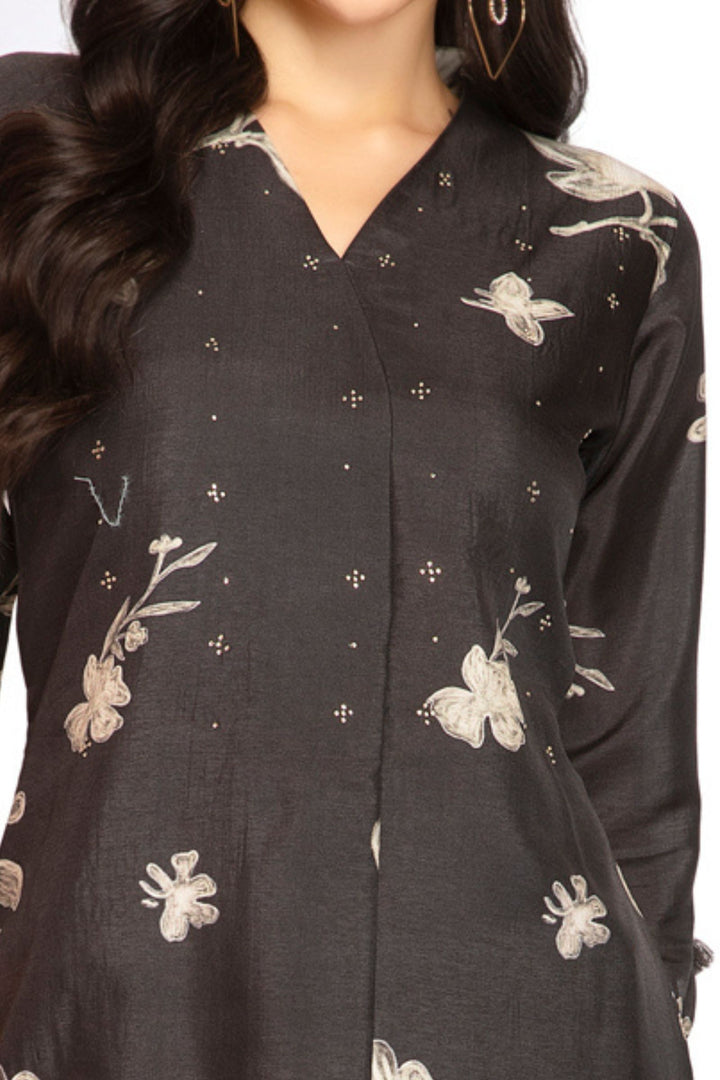 Black Stone work with Floral Print Calf Length Kurti