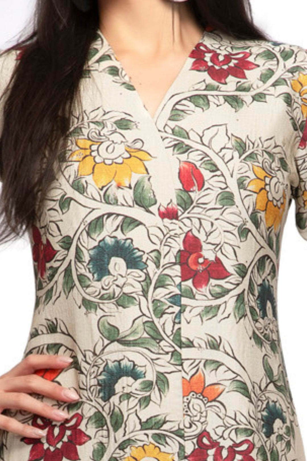 Cream Stone work with Floral Print Calf Length Kurti