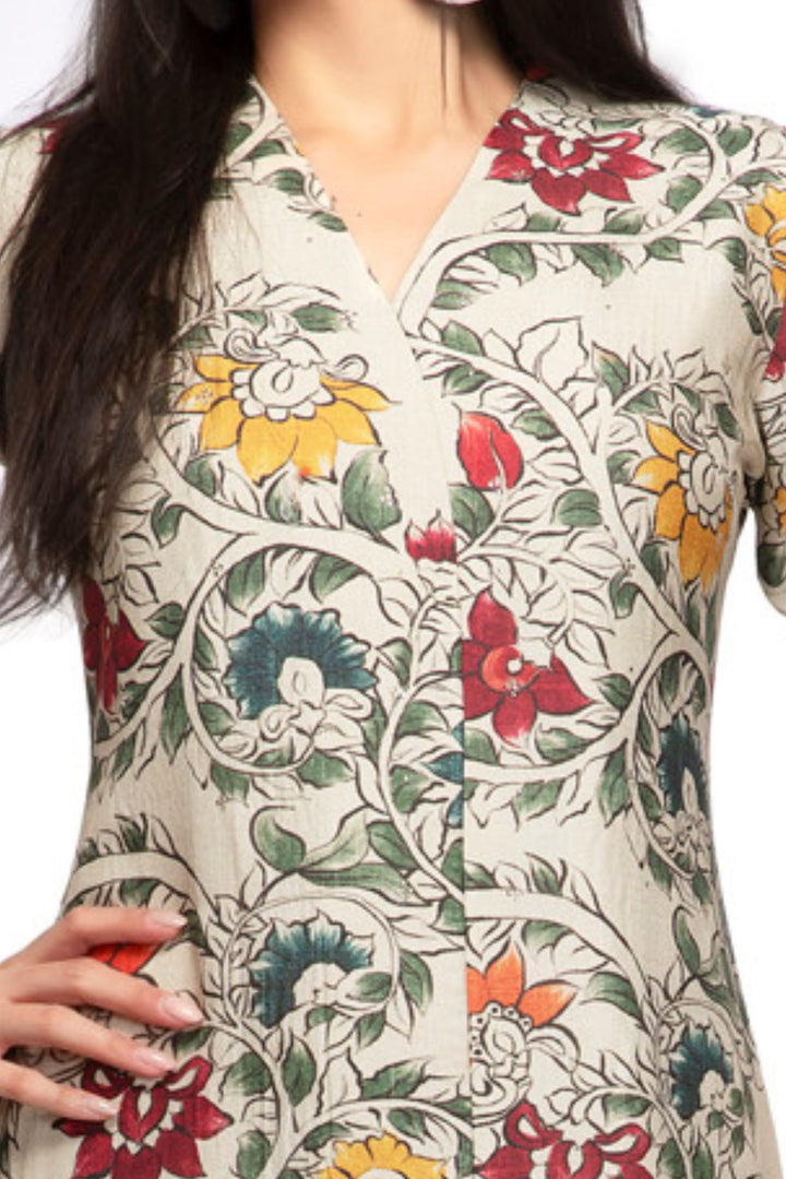 Cream Stone work with Floral Print Calf Length Kurti