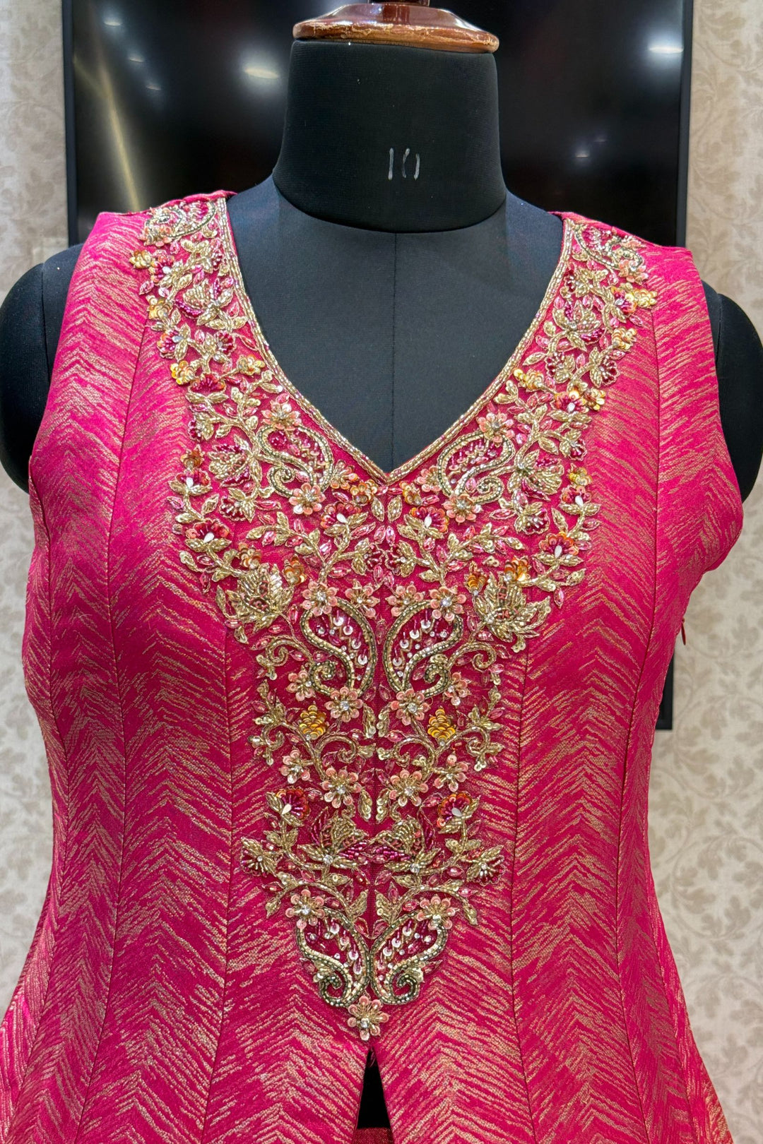 Pink with Mustard Banaras work Mastani Styled Long Top Lehenga