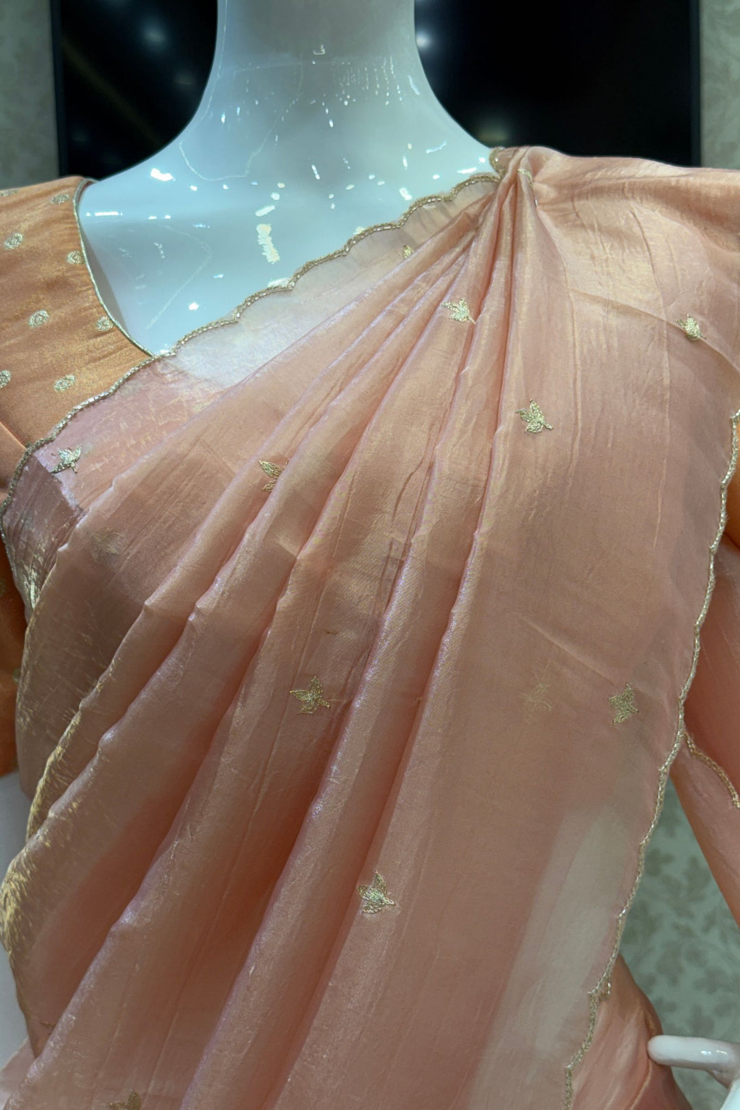 Peach Shimmer Tissue Saree with Scalloped Zari Border