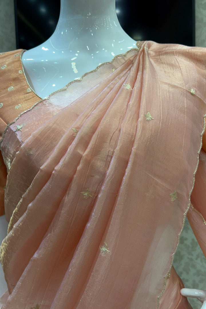 Peach Shimmer Tissue Saree with Scalloped Zari Border