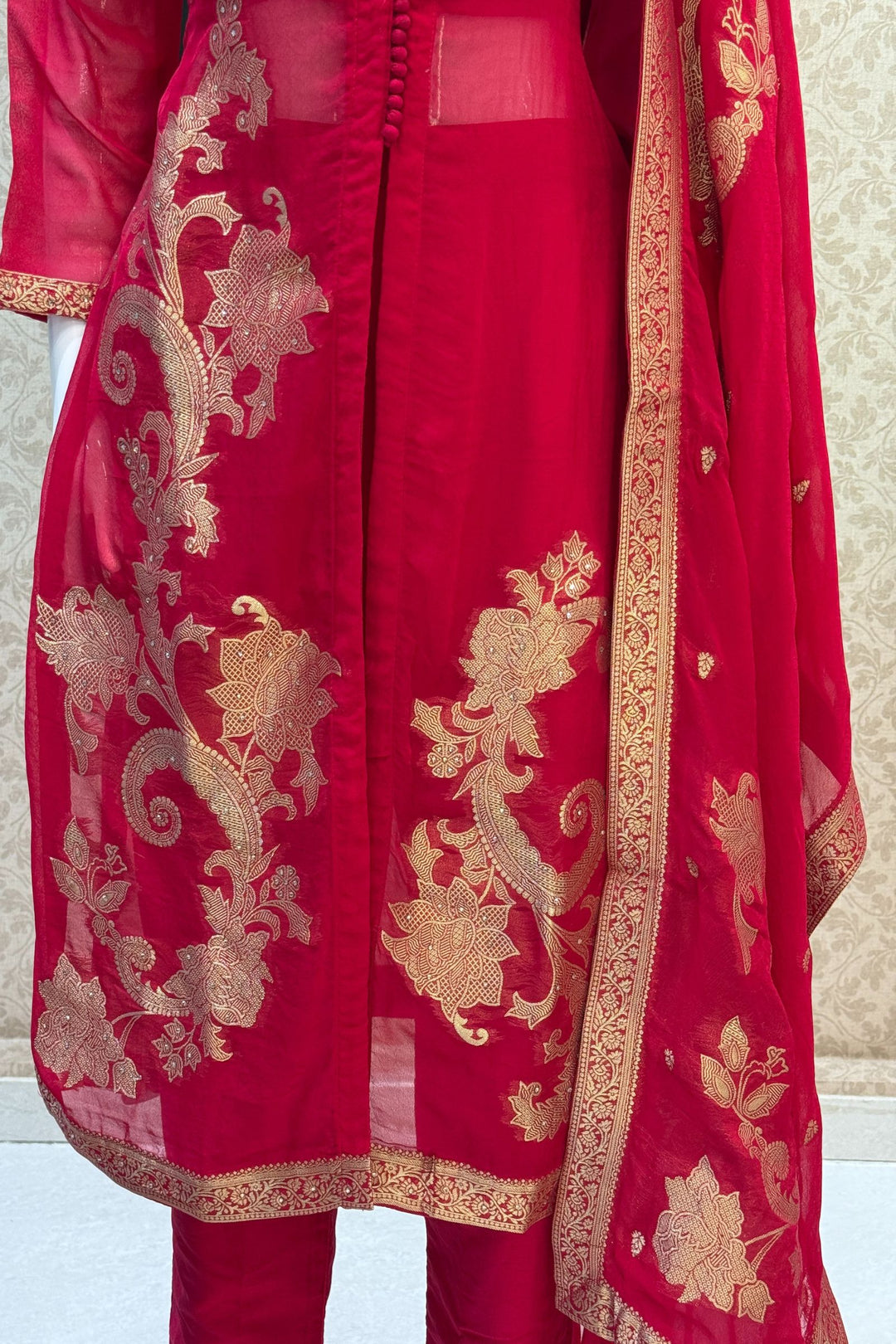 Rani Pink Banaras, Stone, Zardozi, SEquins, Beads and Zari work Straight Cut Salwar Suit